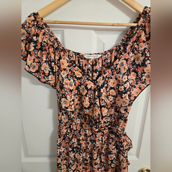 Indulge Floral Ruffle Off The Shoulders Maxi Dress in Black and Pink Size Large - Picture 5 of 11